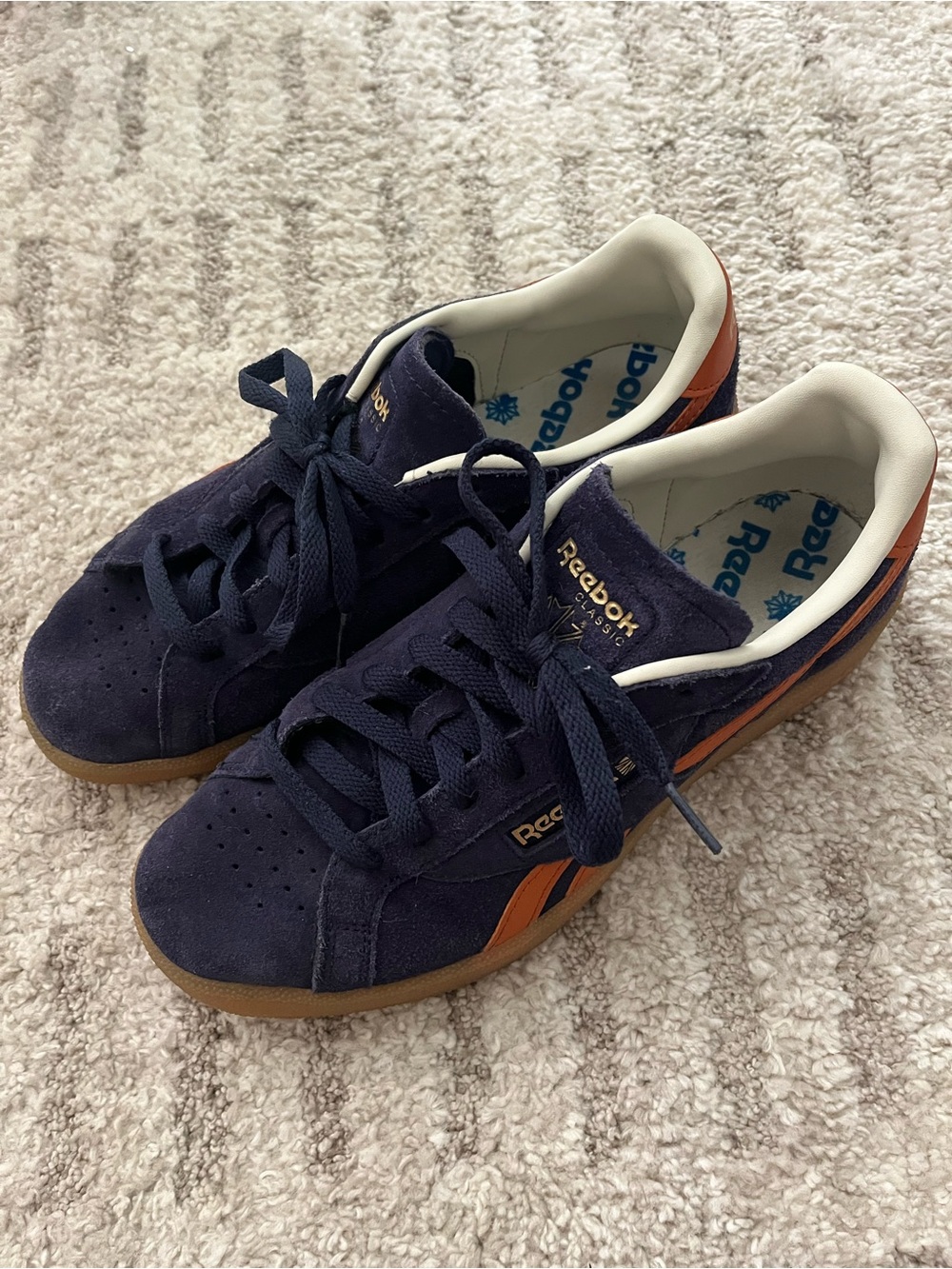 Reebok Navy Suede Sneakers with Orange Stripe Accents Size 8